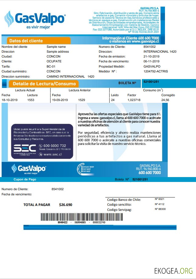 Chile GasValpo utility bill